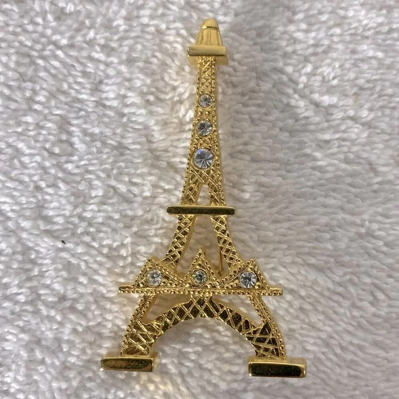 Vintage Gold Toned Eiffel Tower Pin Brooch With Jewels - Picture 2 of 7